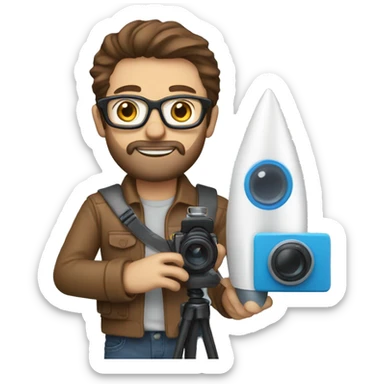 Man with glasses and brown hair and beard blue eyes, holding a camera, and a toy rocket sticker
