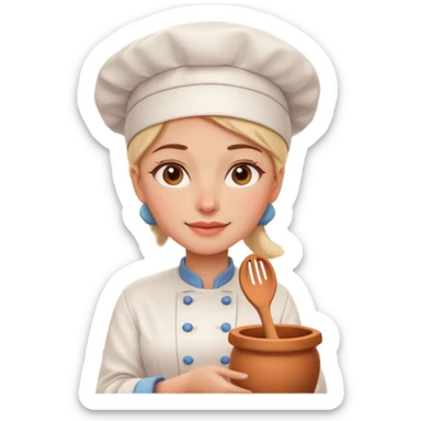 cartoon Apple iOS emoji style woman, pastel colors, Chilean wooden kitchen background, clay pots, warm light, detailed and clean vector art sticker