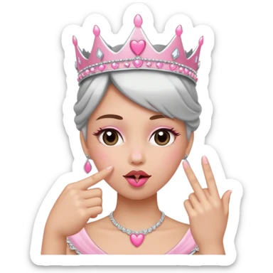 Middle finger flipping off with a ring on it and silver and pink tiara on persons head and a kissy face with a pink heart sticker