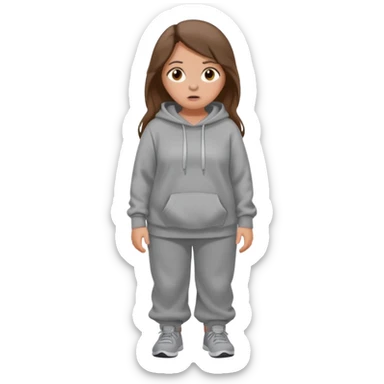 Chica grande  asustada de cuerpo completo mirado a la izquierda con pelo castaño largo y piel blanca  pantalones baggy  grises y hoodie gris  sticker