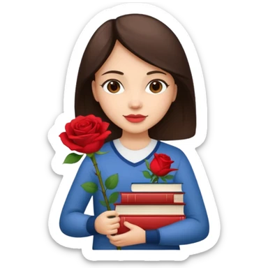 Brunette holds a stack of books + flower sticker