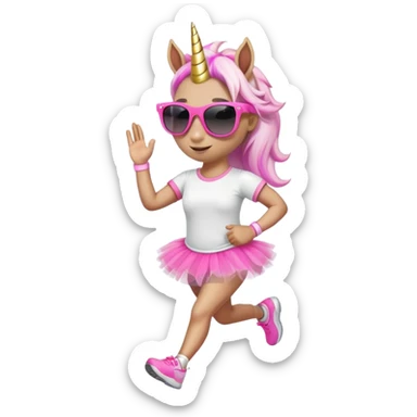 friendly anthropomorphised female unicorn in tutu and pink t-shirt, wearing dark sunglasses, jogging upright in standard pose sticker