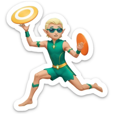 elf male legolas launching a frisbee woven from pure sunlight, wearing sporty teal swim shorts and performance sunglasses, athletic pose, pointy ears, dynamic motion lines, beach sky backdrop, centered emoji sticker