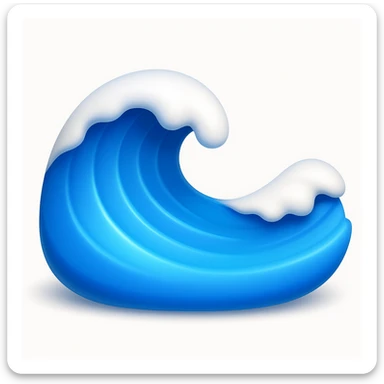 Create a wave emoji that looks exactly like the reference image in classic iOS emoji style. The emoji should be 3D with shiny, smooth gradients, soft shadows, and use blue and white colors to match the classic emoji look. Add a soft shadow under the wave. sticker