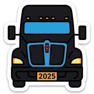 Detailed vector illustration style close-up front view of a 2025 Kenworth T680 truck in black color with headlights on, no background. sticker