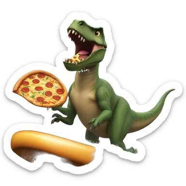 Dinosaur surfing while eating pizza in a flooded city sticker