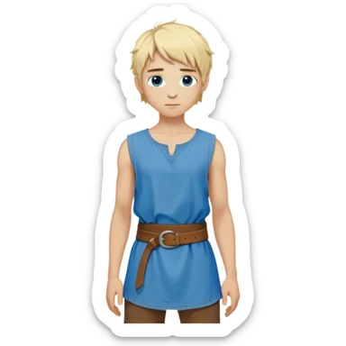 medieval summer outfit worn by a DnD themed fantasy character. basic sleeveless cotton tunic with a loose fit and a thin leather belt. clothes only above the waist. The clothes full waist. The character's haven't arms. character is white-skinned, blonde hair, blue eyes, short messy hair. sticker