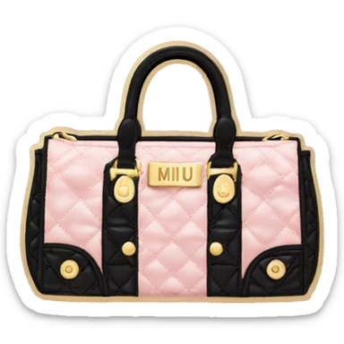 “Create a sticker of a black quilted Miu Miu bag with gold lettering, placed on soft pink tissue paper.” sticker