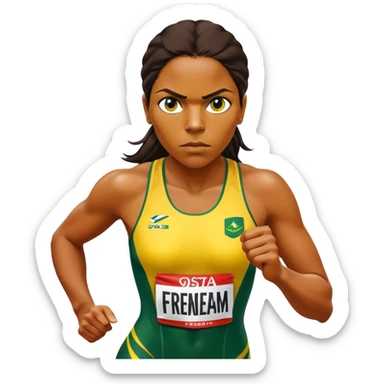 Cinematic Realistic portrait of Cathy Freeman, shown as an iconic Australian sprinter with a focused, determined expression and modern athletic yellow and green attire accented with subtle native motifs, rendered in dynamic, vibrant lighting sticker