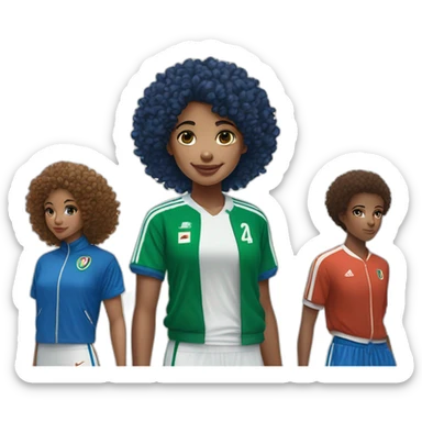 girl curly hair and a Algeria jersey blue and jogging blue, Nike blazer blue and swoosh blue who says goodbye sticker