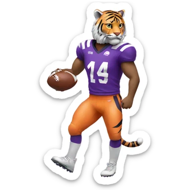 Tiger wear purple jersey holding a football sticker
