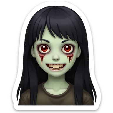 girl zombie with black long hair and bangs, creepy smile sticker