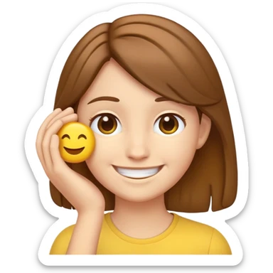 yellow emoji style character with brown hair tucking hair behind ear, smiling sticker