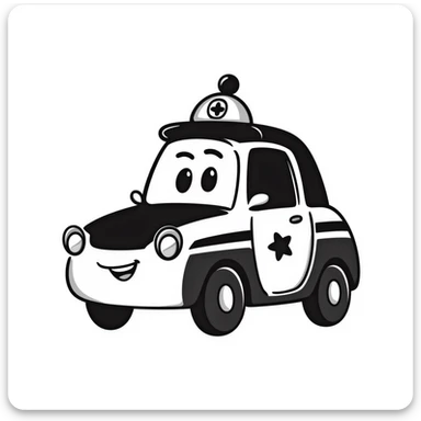 A hand-drawn police car with a determined, friendly face and a police hat sticker