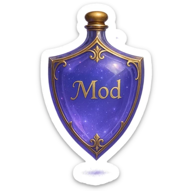 very luxurious crystal elixir bottle in shield shape, color #7986cb, with inscription 'Mod', lots of glow, edges, ornaments, golden details, magical effects, very small golden neck, transparent background, beautiful seamless bottom, bottle clearly floating in air, no base or shadow, modern, fits collection sticker