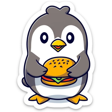 penguin eating a large hamburger sticker