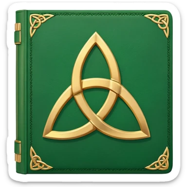 a green closed book with a golden triquetra sticker