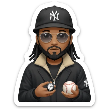 African American Man with shoulder length black dreadlocks with black beard wearing black sunglasses wearing a black bubble winter coat and a New York Yankees logo baseball cap checking the time sticker