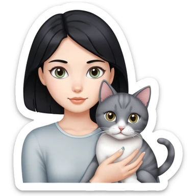 A beautiful black-haired girl holding a silver-colored cat sticker
