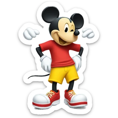 Mickey Mouse wearing red shorts and big yellow shoes, smiling happily. sticker