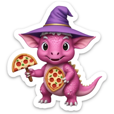 pink triceratops with a wizard hat holding a pepperoni sausage pizza slice sticker