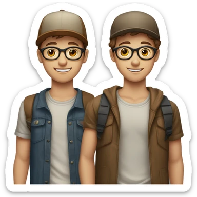 couple of teenagers, brothers with fair skin, brown hair, she with glasses, he with a cap sticker