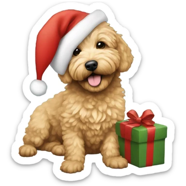 Small golden doodle wearing a Santa hat under a Christmas tree sticker