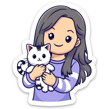 smiling girl with long hair holding a cat with silver stripes sticker