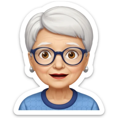 Create me emoji of an old lady. Short white hair to left side. Square glasses. Brown eyes. Rounded really big and wide face. Wide nose. Big mounth sticker