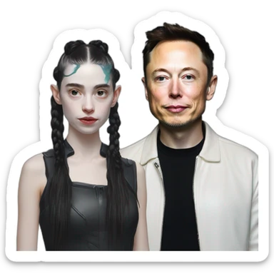 Grimes with milk spray on face, elon musk smirking, duo sticker