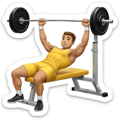 man performing a laying down bench press with cloths on, side angle, in yellow apply emoji format sticker