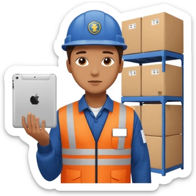 create a realistic emoji shwoing logistic worker controling something with an ipad sticker