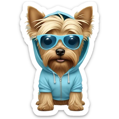 Yorkshire terrier dog with a pastel blue hoodie and pastel blue sunglasses sticker