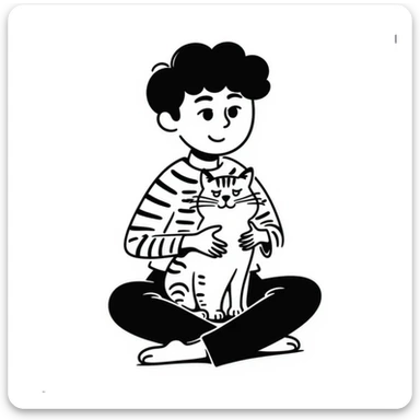 A boy sitting cross-legged with a tabby cat in his lap sticker