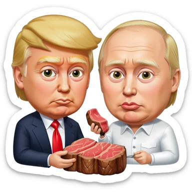 photorealistic Donald Trump and Putin eating a steak shaped like an piece of land sticker