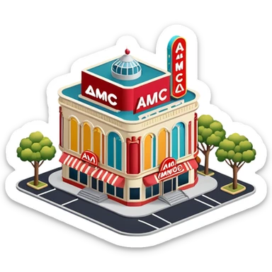 AMC movie theater exterior, isometric dollhouse-style, highly detailed  sticker