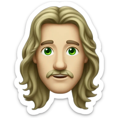 a long haired men with rhombus-shape face green eyes and big ling nose sticker