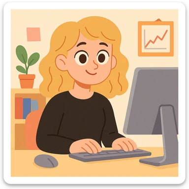 pretty brown-eyed blonde young woman with wavy hair, wearing a black sweater, working on a computer in a cozy office sticker