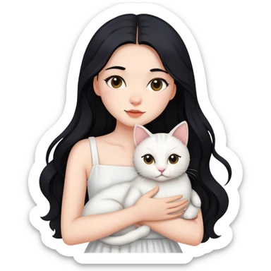 beautiful girl with long black hair wearing a white dress holding a cat in her arms sticker