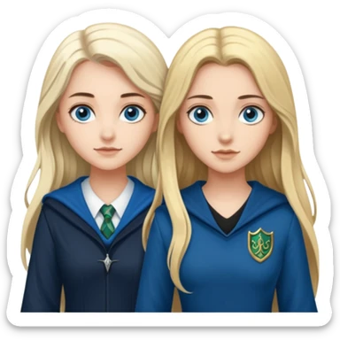 a pretty ravenclaw girl with long brown hair and blue eyes standing with a hot Slytherin girl with long blonde hair, blue eyes and big boobs  sticker