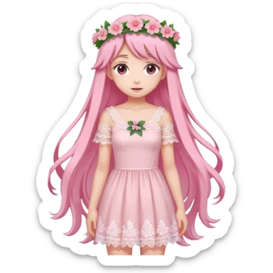 pastel anime woman with pink and white lace dress full body and long hair with flower crown sticker