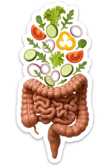 INSALATA CADE VERTICALMENTE SU UN INTESTINO ANATOMICO REALISTICO, iperrealistico 4k, ISOLATA SU SFONDO BIANCO sticker