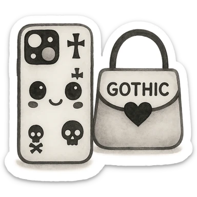 Change the color scheme to white and black, gothic kawaii phone case, big eyes, smiling, playful, cartoonish, gothic symbols, watercolor art style, no background. sticker