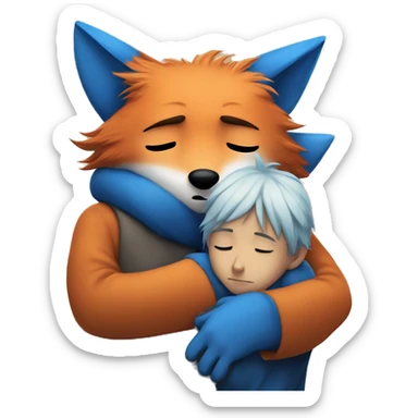 Sad fox being cuddled by blue haired boy in fox mask  sticker