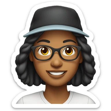 memoji of a cool woman smiling, black long hear without glass with sport hat and has a laptops sticker