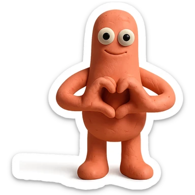 a whimsical sausage-shaped humanoid with a pinkish-orange body, forming a heart with its hands sticker