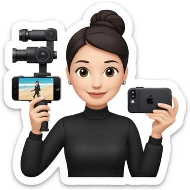 middle aged woman photographer with dark hair, slicked back in a bun, wearing black clothes, carrying a canon r5 and an iPhone on a gimbal sticker