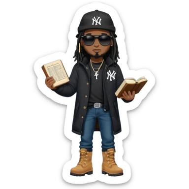 African American man with shoulder length black dreadlocks and black sunglasses wearing a black New York Yankees baseball hat with a North Face brand bubble winter coat with denim skinny jeans and timberland boots walk holding a holy bible sticker