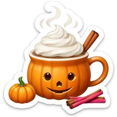 Steaming coffee Mug with whipped Cream and cinnamon Dust on Cream.  Small Punkin and 3 sticks of cinnamon next to mug sticker