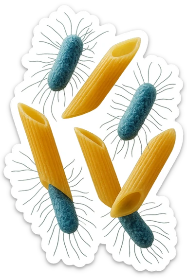 SEI BATTERI intestinALI FLUTTUANO IN ARIA CON PENNE DI PASTA RIGATE, IPERREALISTICO 4K sticker